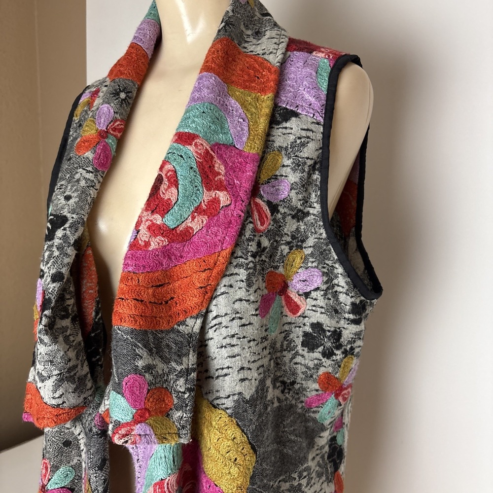 Anu S Boho Lagenlook Embroidered Waterfall Vest Cardigan Art To Wear Wool Artsy - Picture 2 of 12
